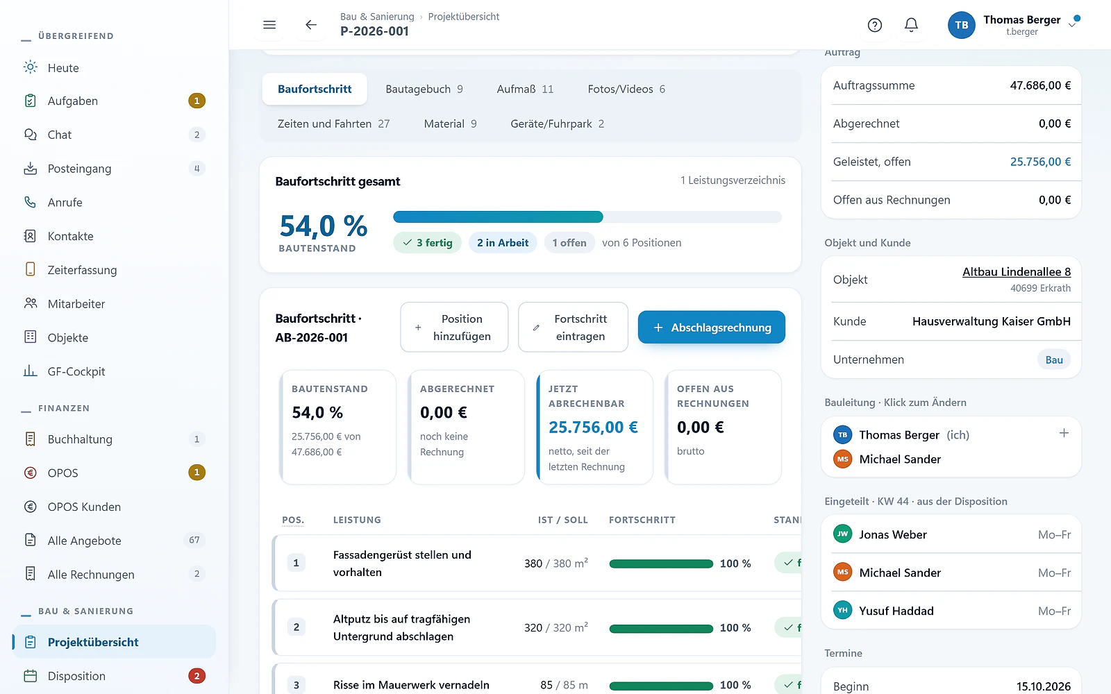 Baufortschritt in der Projektakte von GREVARO mit Bautenstand je Position