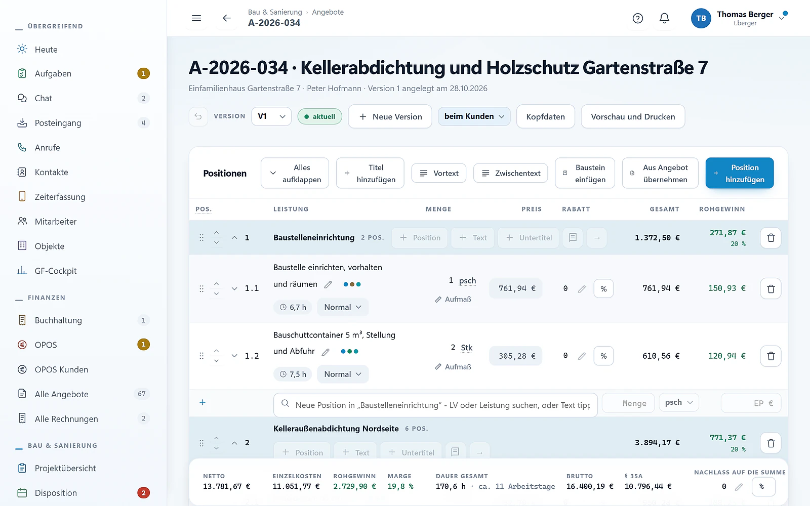 Angebot in GREVARO: Kellerabdichtung, Horizontalsperre, Sanierputz WTA und Holzschutz Dachstuhl mit Kalkulation