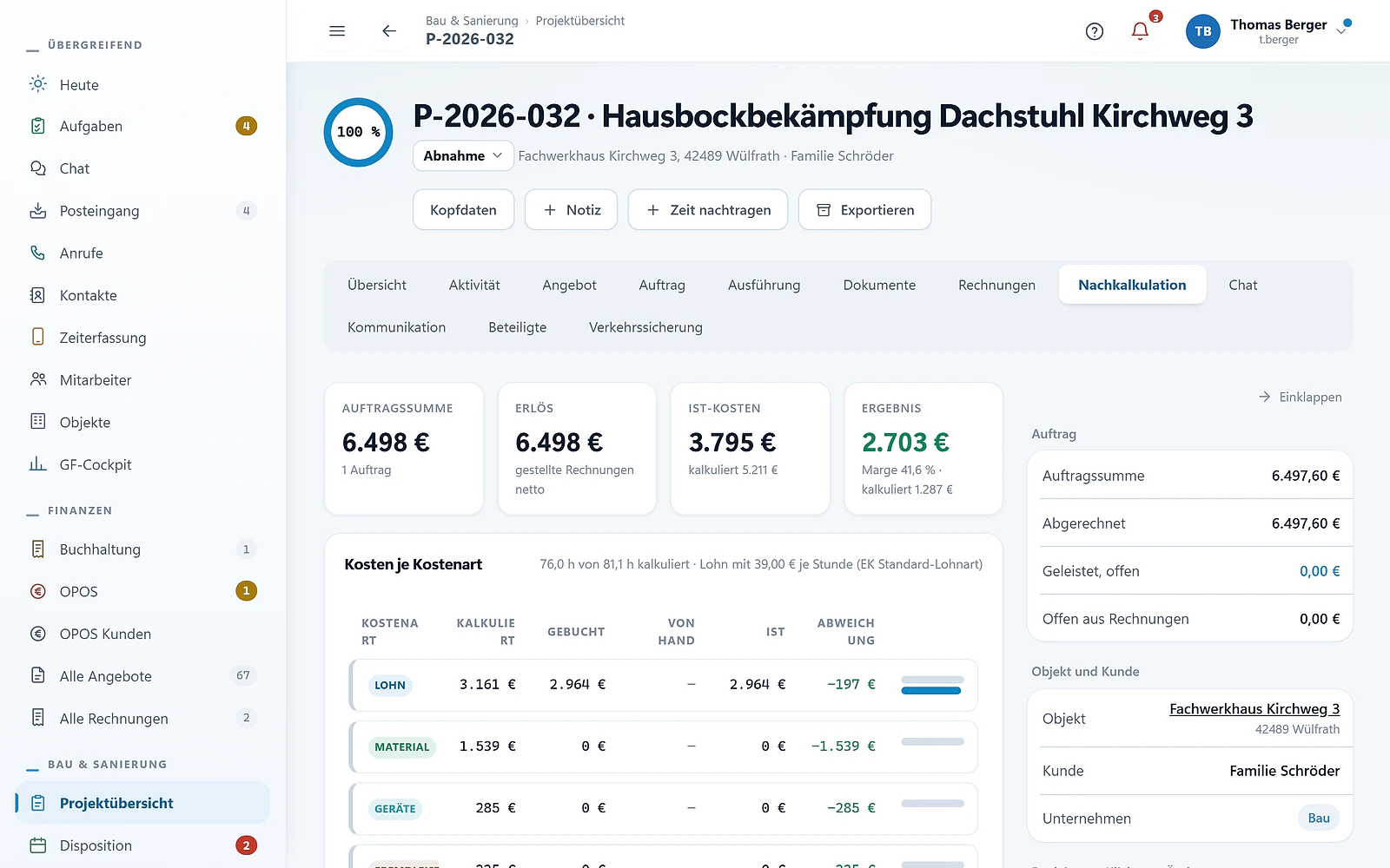 Nachkalkulation in GREVARO: kalkulierte gegen tatsächliche Kosten eines Projekts