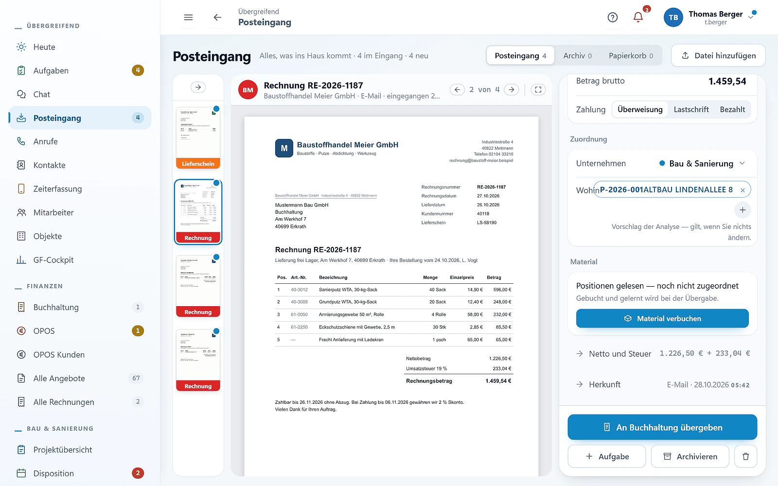 Posteingang in GREVARO: Lieferantenrechnung als PDF erkannt und dem Projekt zugewiesen