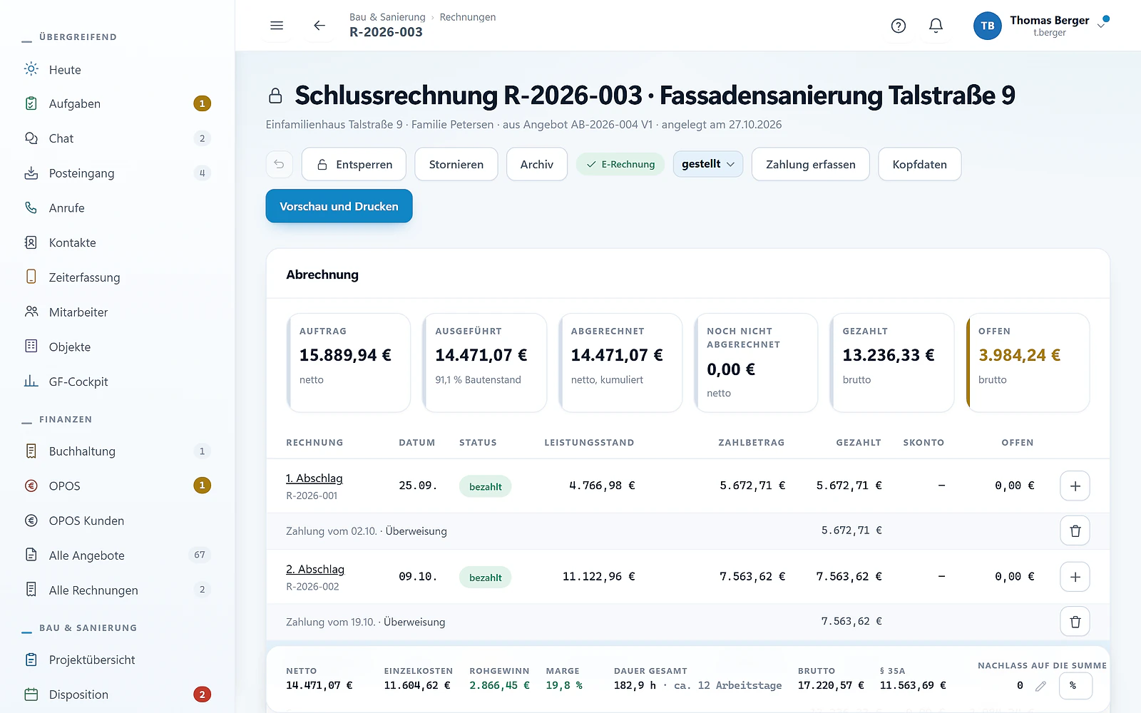 Schlussrechnung in GREVARO mit abgezogenen Abschlagsrechnungen und E-Rechnung