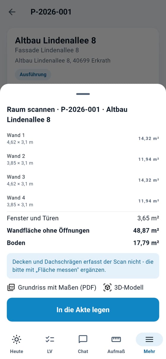 GREVARO-App: Raumscan mit Wandflächen, Fenstern und Boden für das Aufmaß